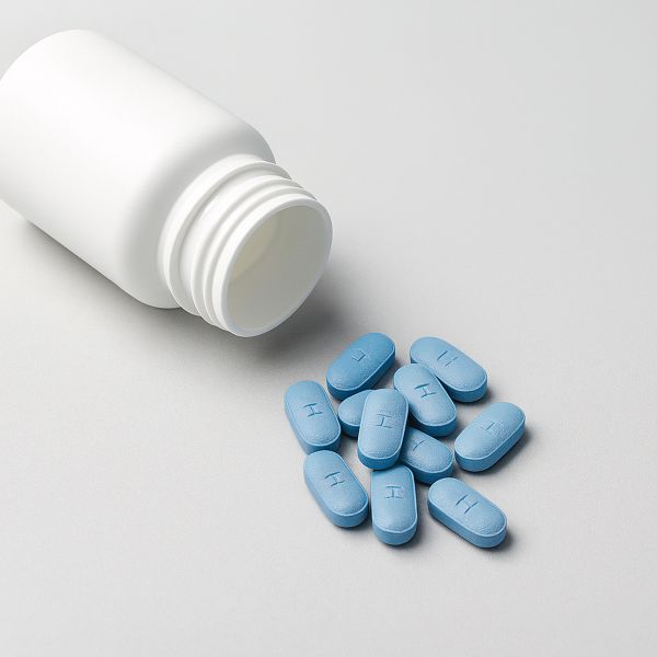 Mehrere blaue Tabletten liegen neben einer geöffneten weißen Dose